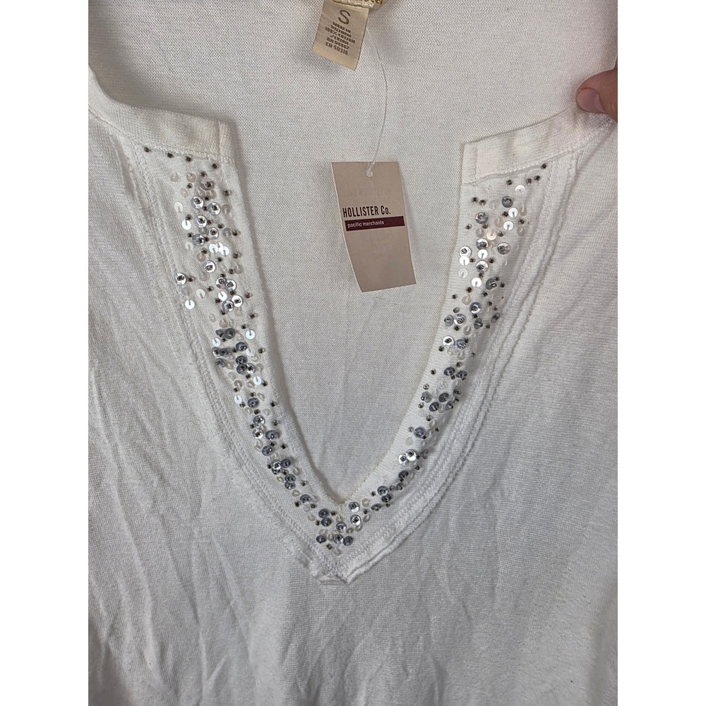 Hollister Co. NWT‎ Vintage Y2K Womens White 3/4 Sleeve V Neck Sequins Size Small - Picture 5 of 8